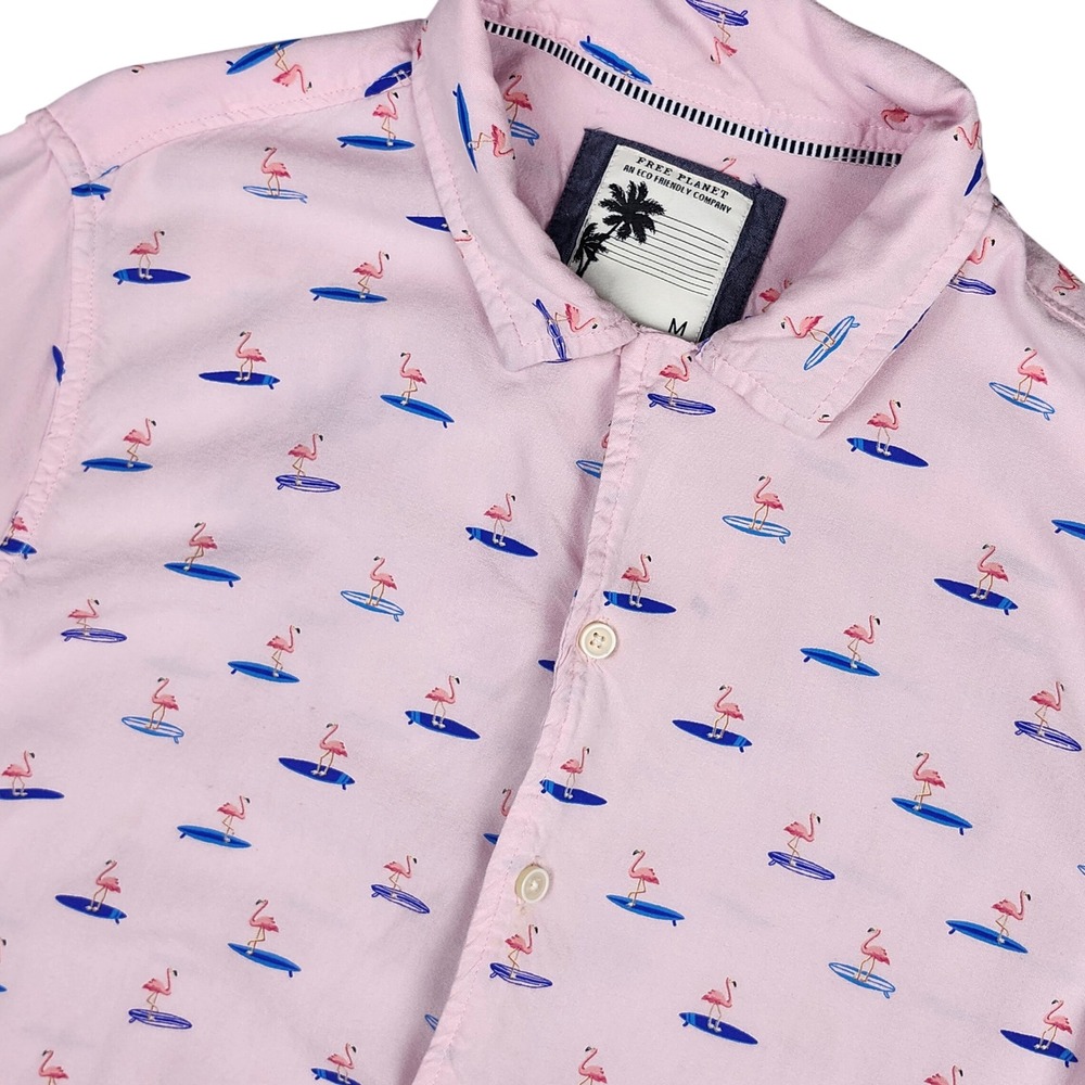 Free Planet Button‎ Up Shirt Mens Medium Pink Flamingo Surfboard Print Hawaiian